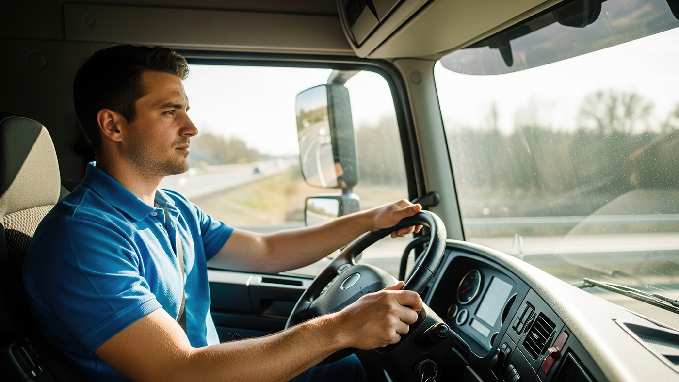 Truck driver at work inside cabin of large truck, showing profes Driving School Cypress Texas 4